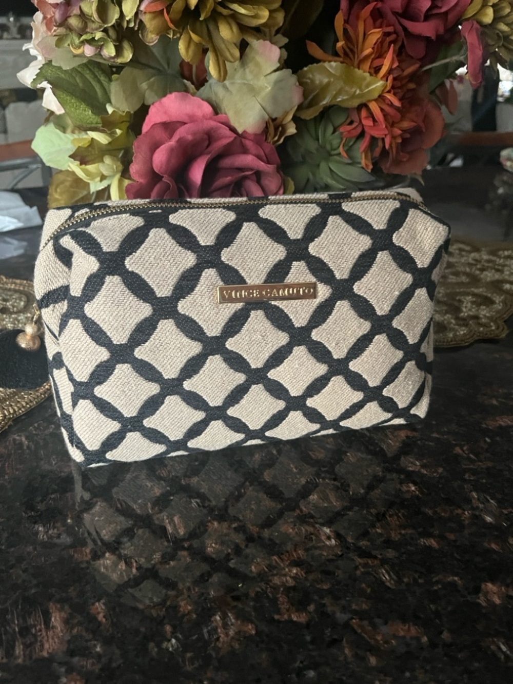 Vince Camuto Cream and Black Geometric Cosmetic Pouch with Gold Logo